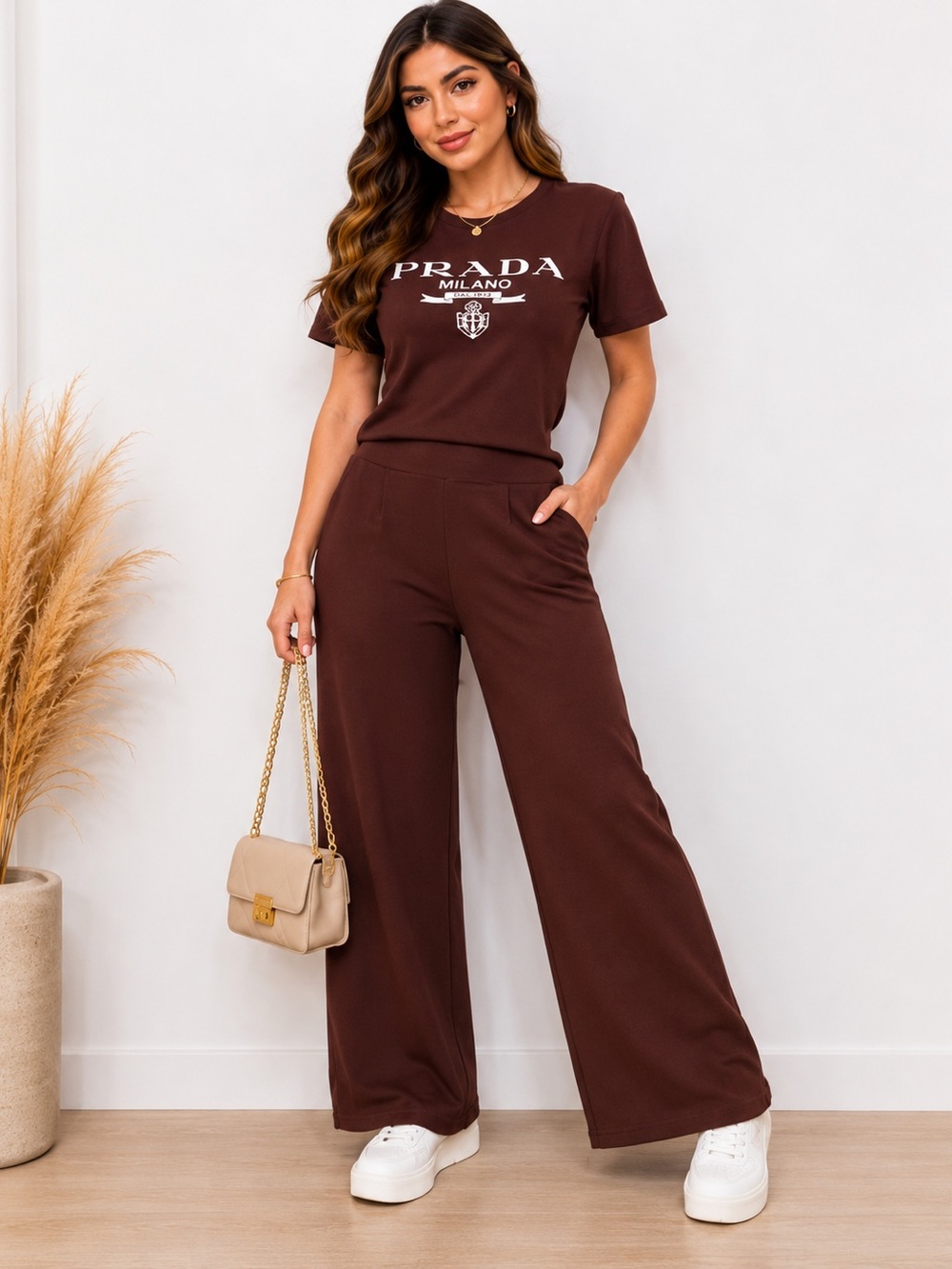 Women's Wide-Leg Pants & Graphic Tee Set - Brown size S